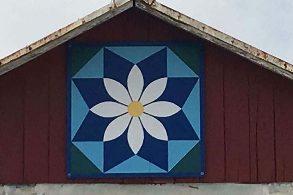 a flower barn quilt pattern hanging on the barn
