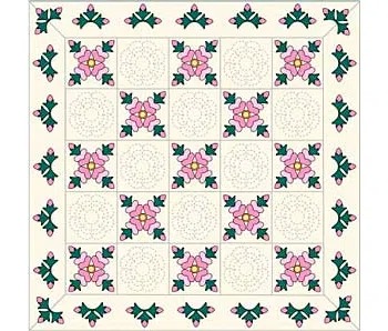 a quilt with a pattern of rose of sharon