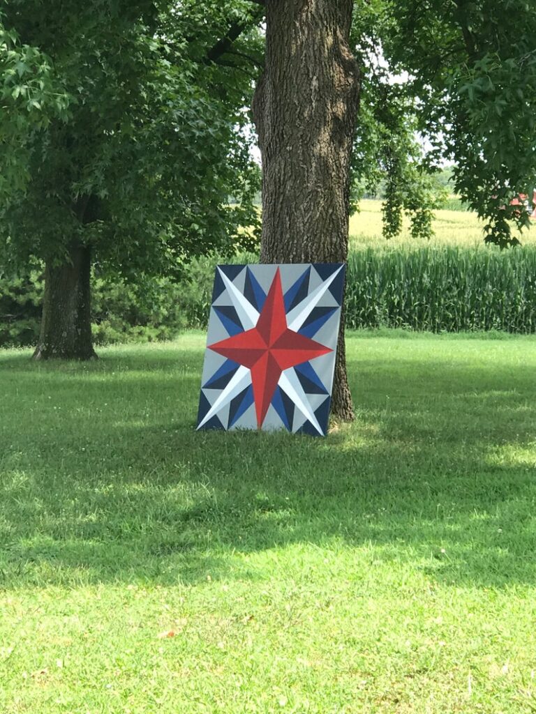 a marine compass pattern barn quilt resting against a tree.