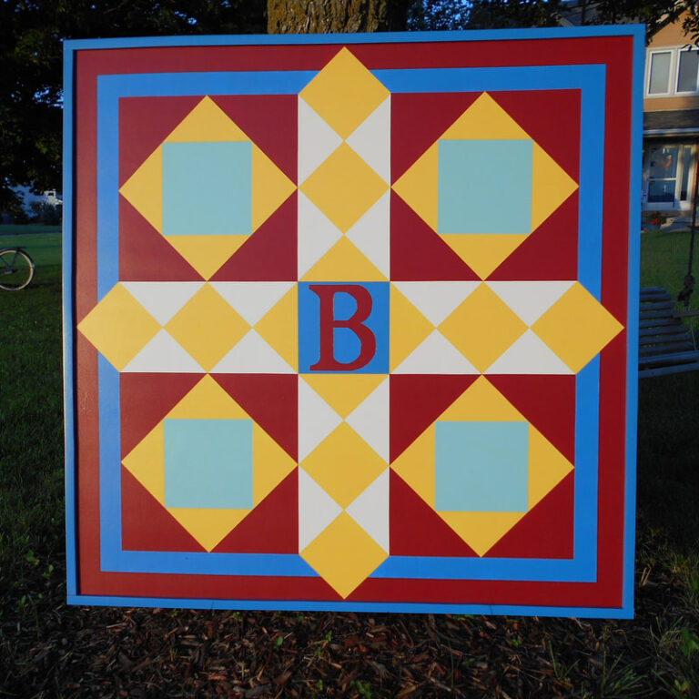 Yellow squares barn quilt – Red background