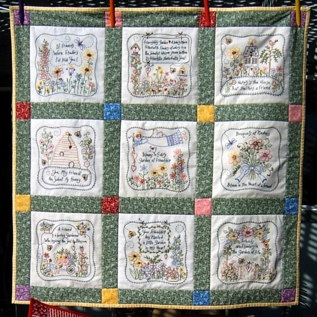 The baby quilt pattern resembles a beautiful blooming garden