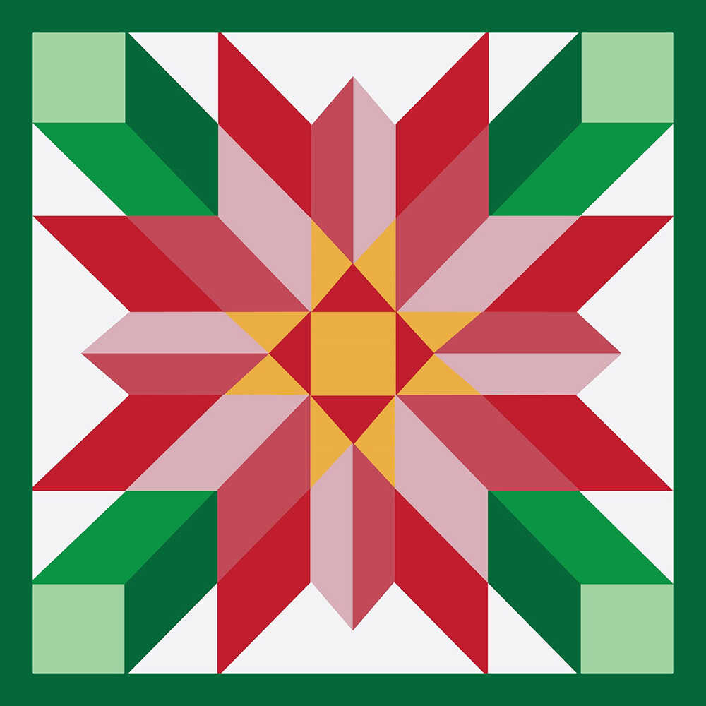 a barn quilt with red flower pattern