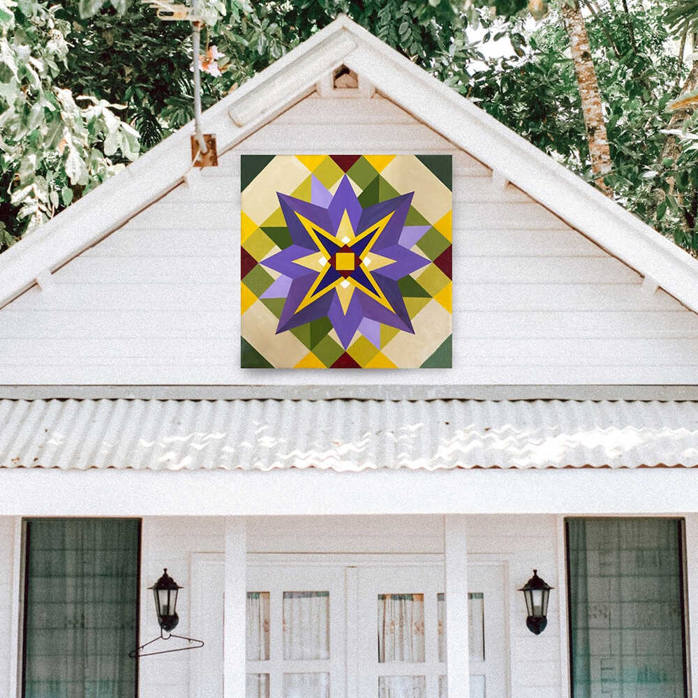 a barn quilt with purple flower hanging on the barn