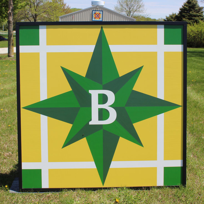 a barn quilt with blue star pattern placed in the garden