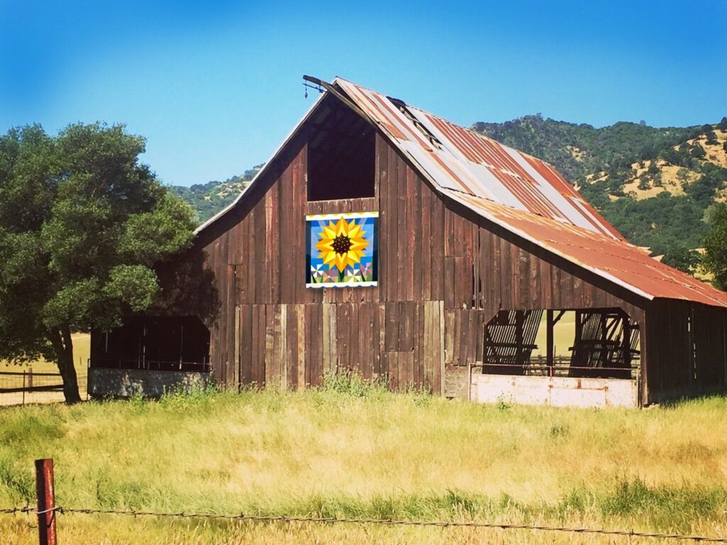 a barn quilt hanging on the wooden barn