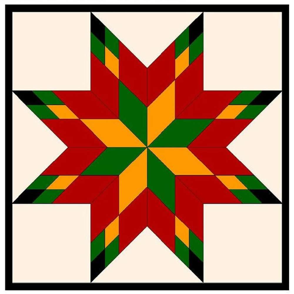 a barn quilt with red and blue, yellow star pattern
