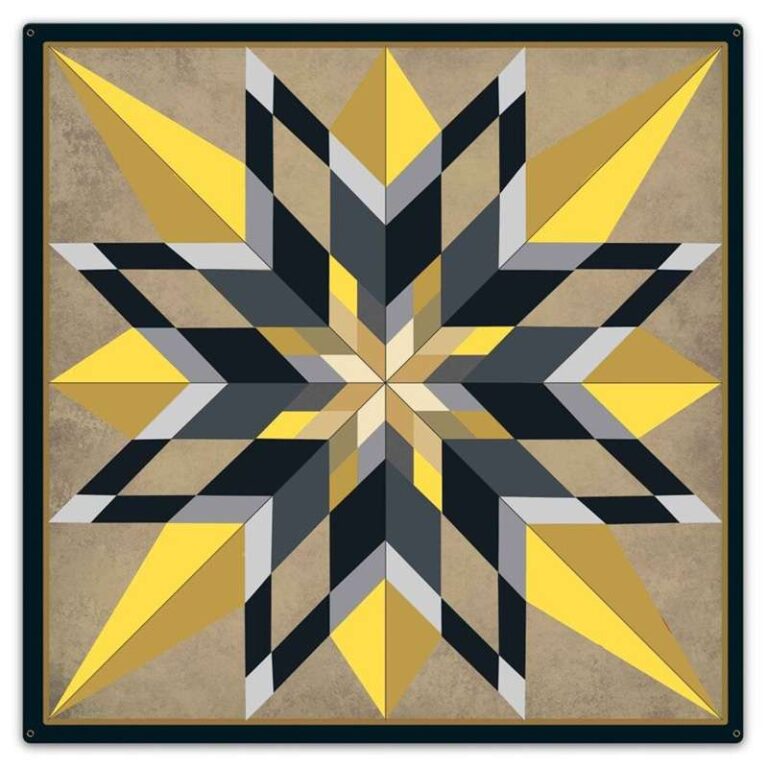 Sixteen Point Star Yellow Barn Quilt – Square Metal