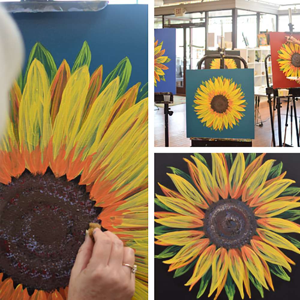 3 different angles of a sunflower barn quilt
