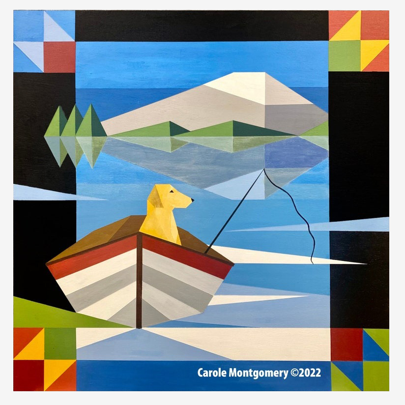 the barn quilt with Dog Dory is sitting on a fishing boat pattern