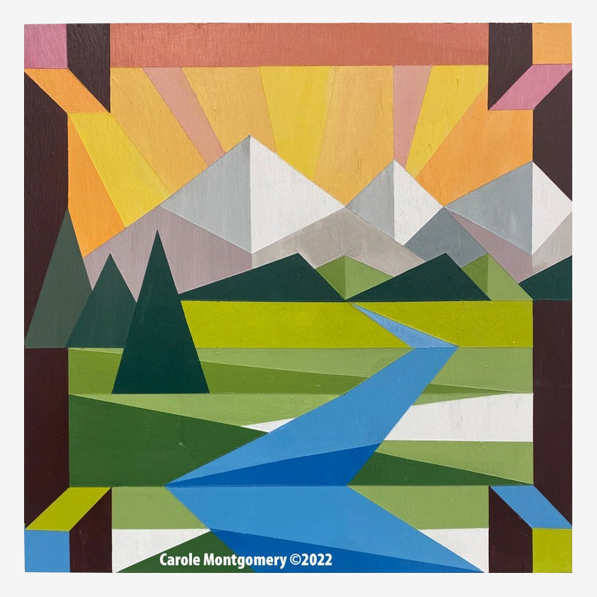 the barn quilt with the colorful mountain pattern