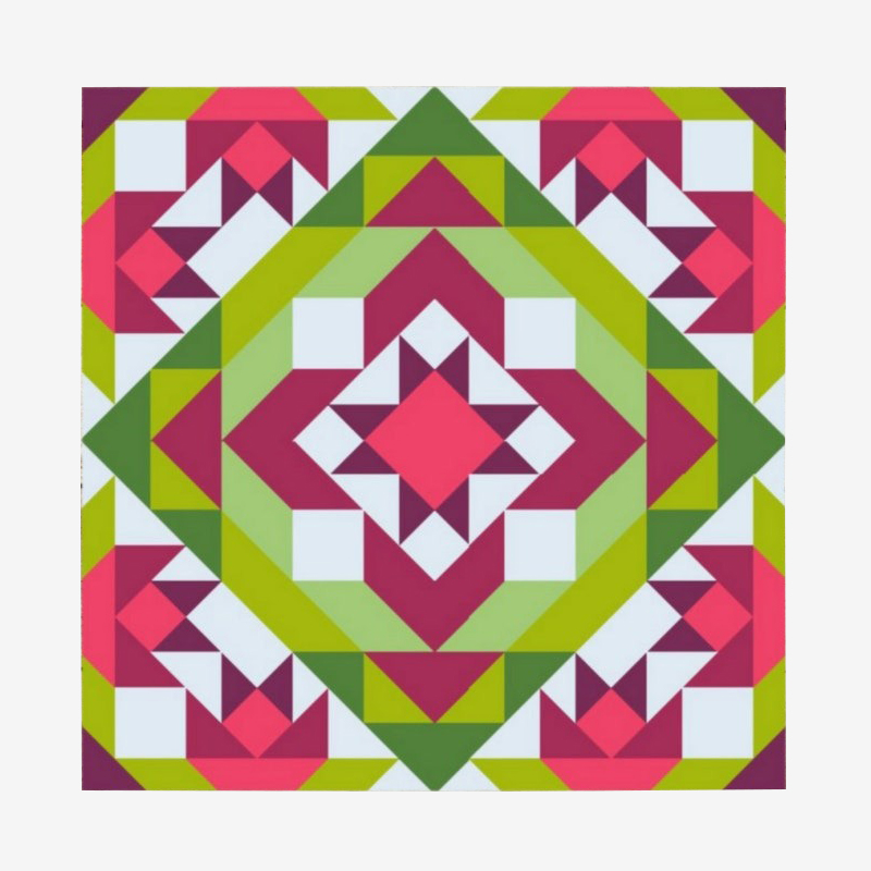 Wow, that quilt has so many bright flowers! If you look closely, in the middle is a red star that attracts all eyes,