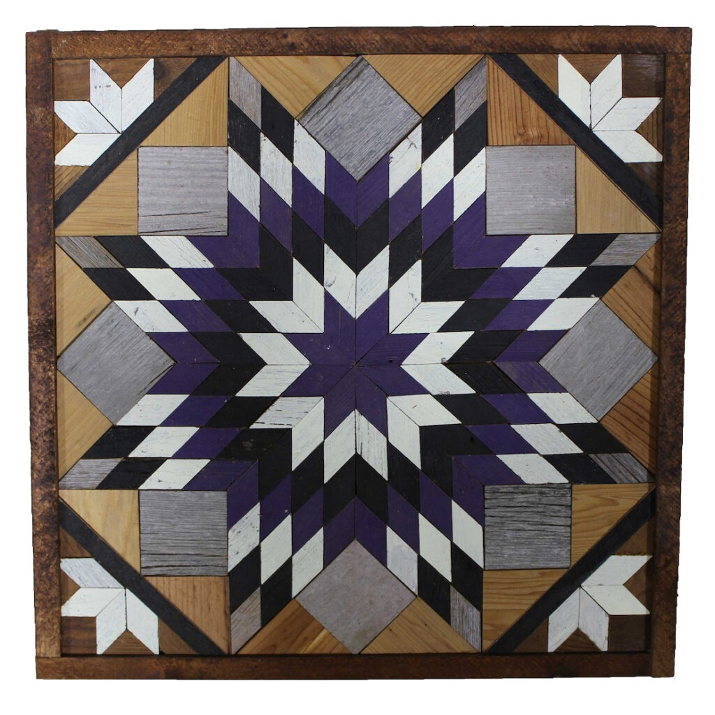 the square barn quilt with purple and black and white giant star pattern.