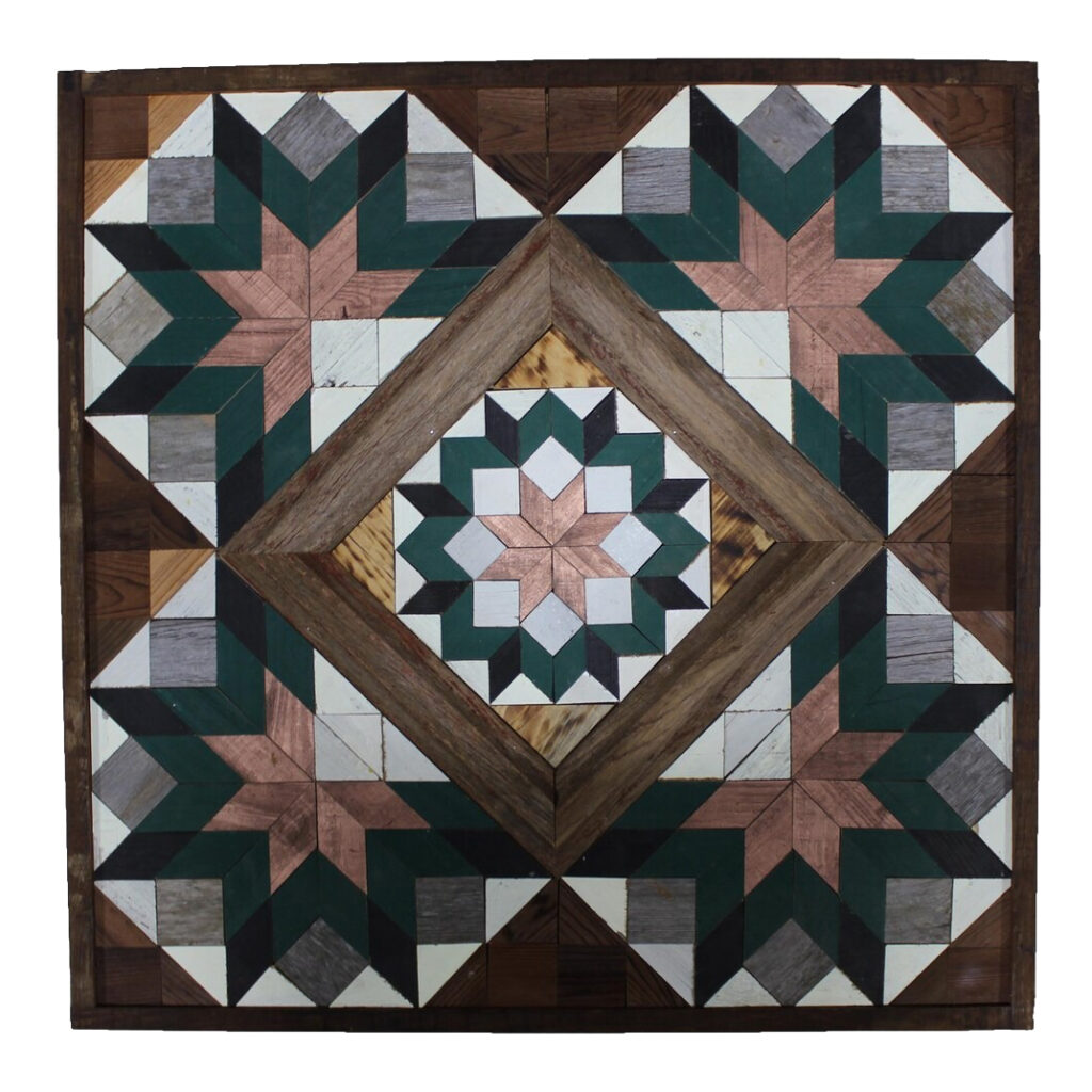the square barn quilt with five blue flower patterns.