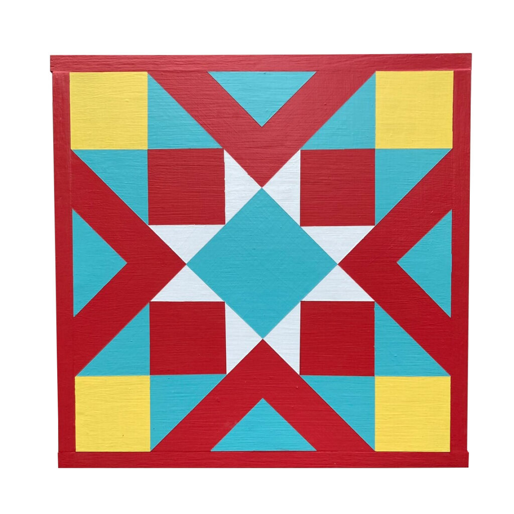 the barn quilt with red and yellow triangles and squares pattens.