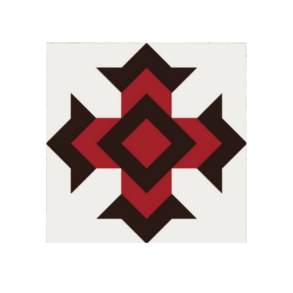 the square barn quilt with red and black patterns creating strength and power.