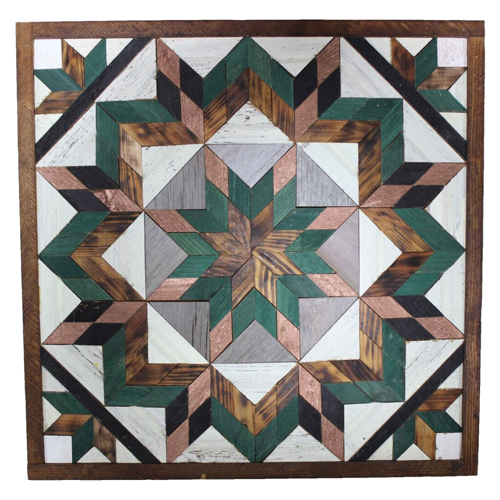 The square barn quilt with Green Field Flower patterns and the wood color star pattern in center.