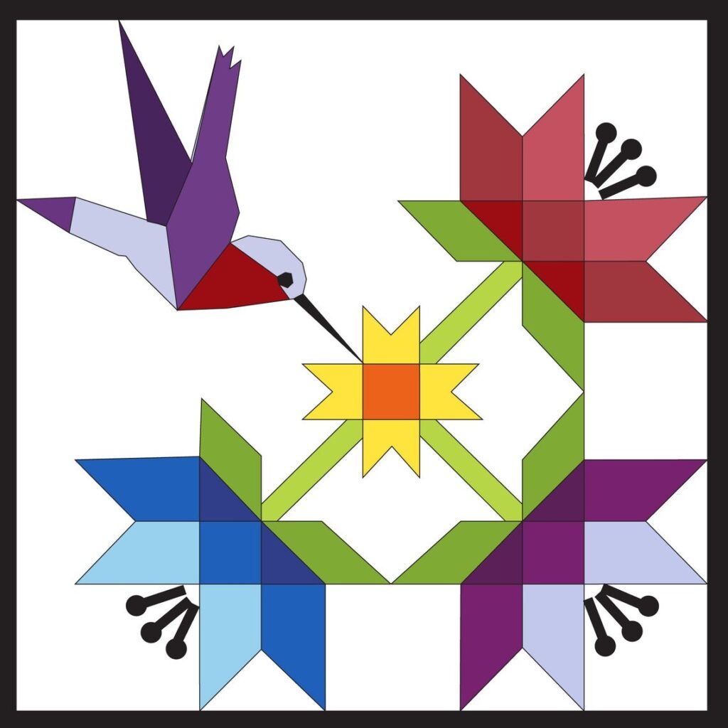 the square barn quilt with hummingbirds in flight pattern.