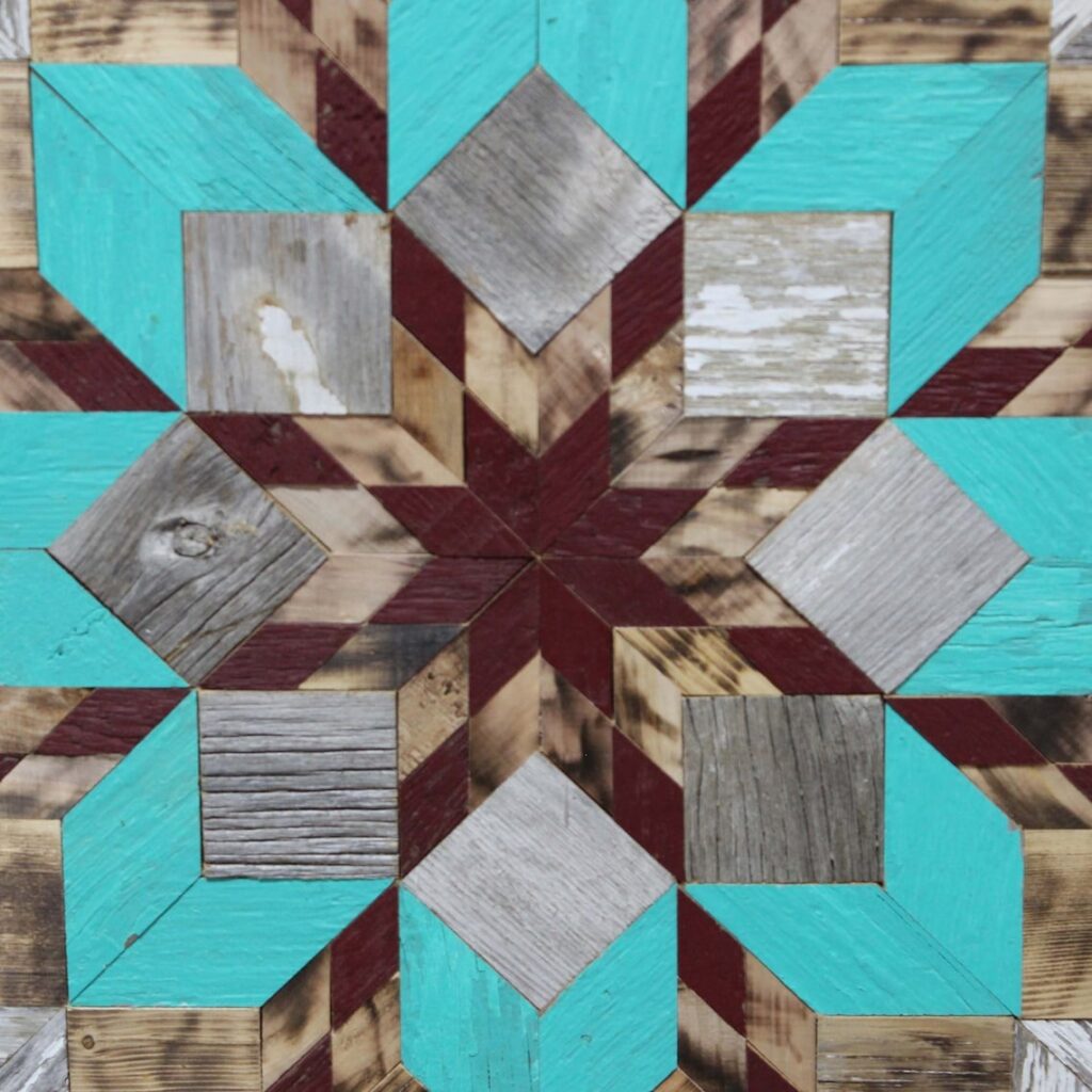 the center of the square barn quilt with pearl flower pattern.