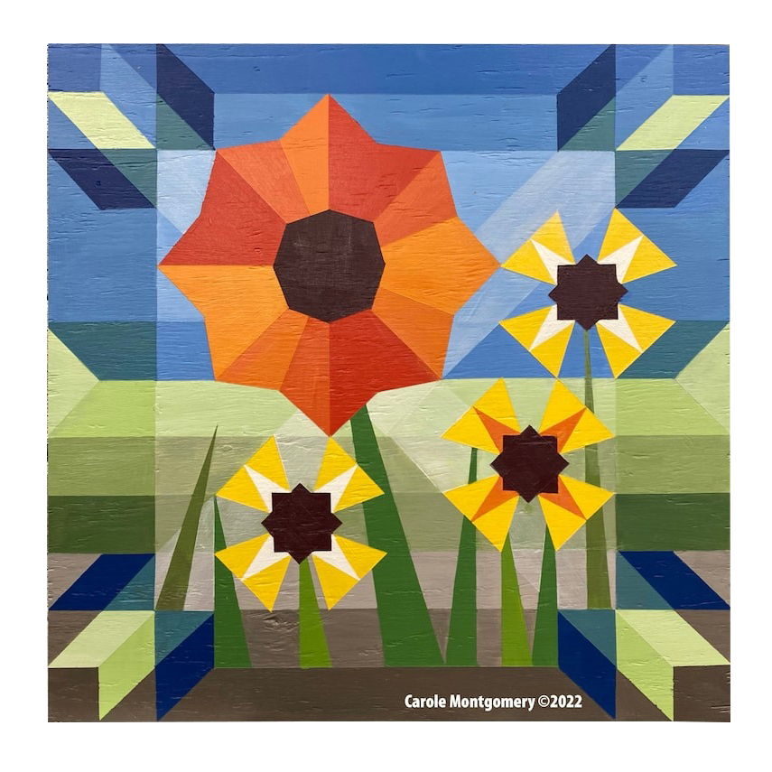 the square barn quilt with brilliant flower patterns.