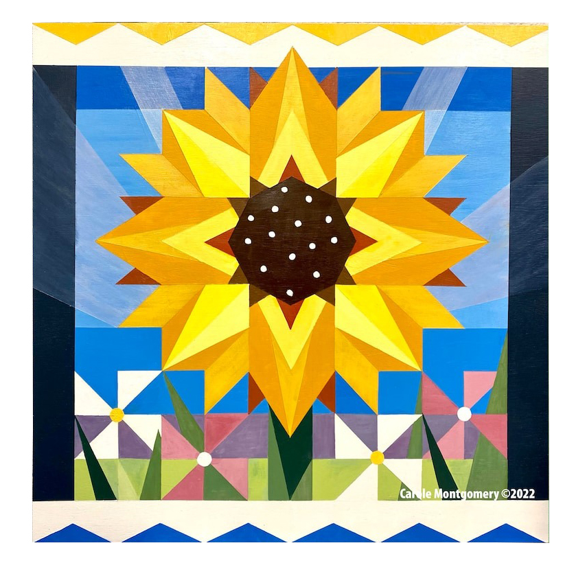 the quare barn quilt with sunflower pattern.