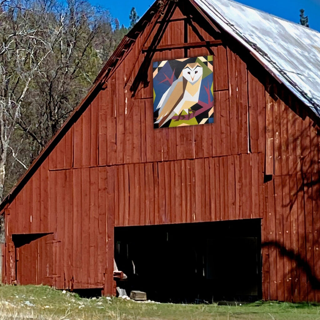 The square barn quilt Wise Old Owl pattern hanging on the wooden wall.