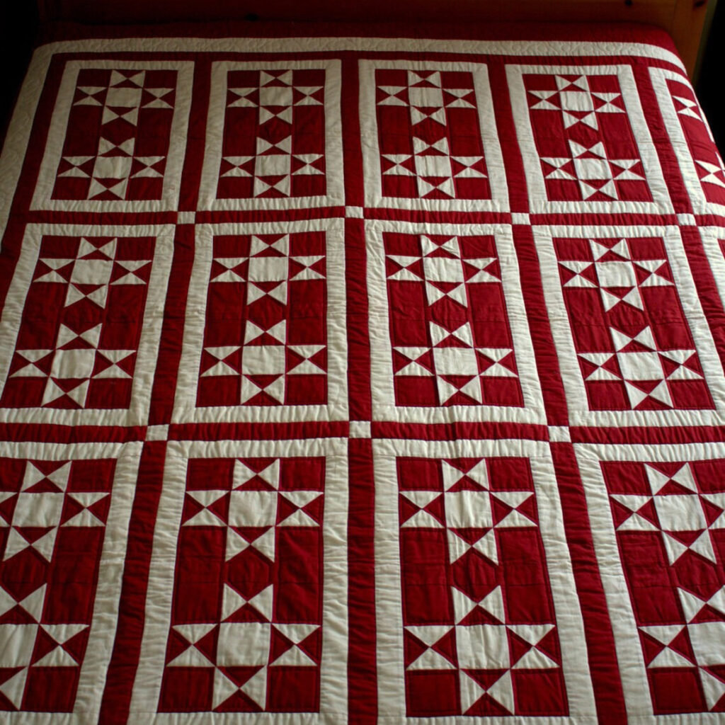 Quilt made of smooth white and dark red fabric